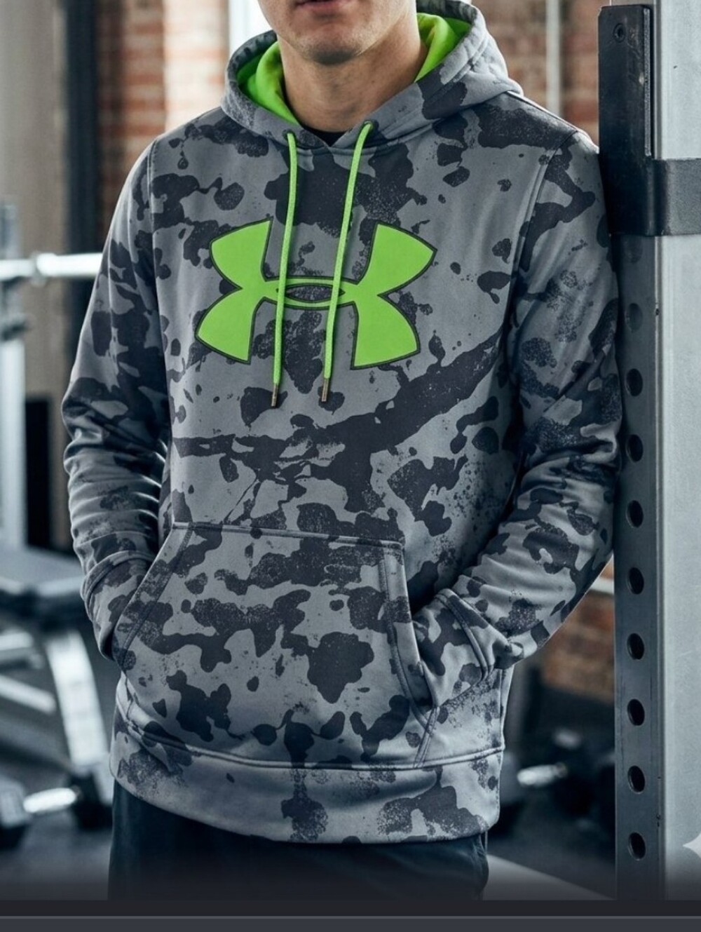 Under Armour Men’s Gray Camo Hoodie with Neon Green Logo and Lining